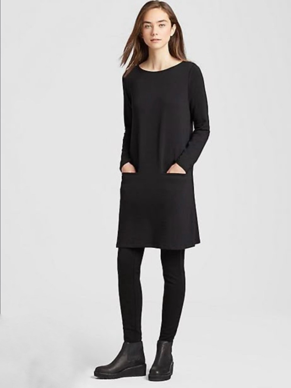Eileen Fisher Black Tencel Stretch Long Sleeve Midi Dress L Front Pockets